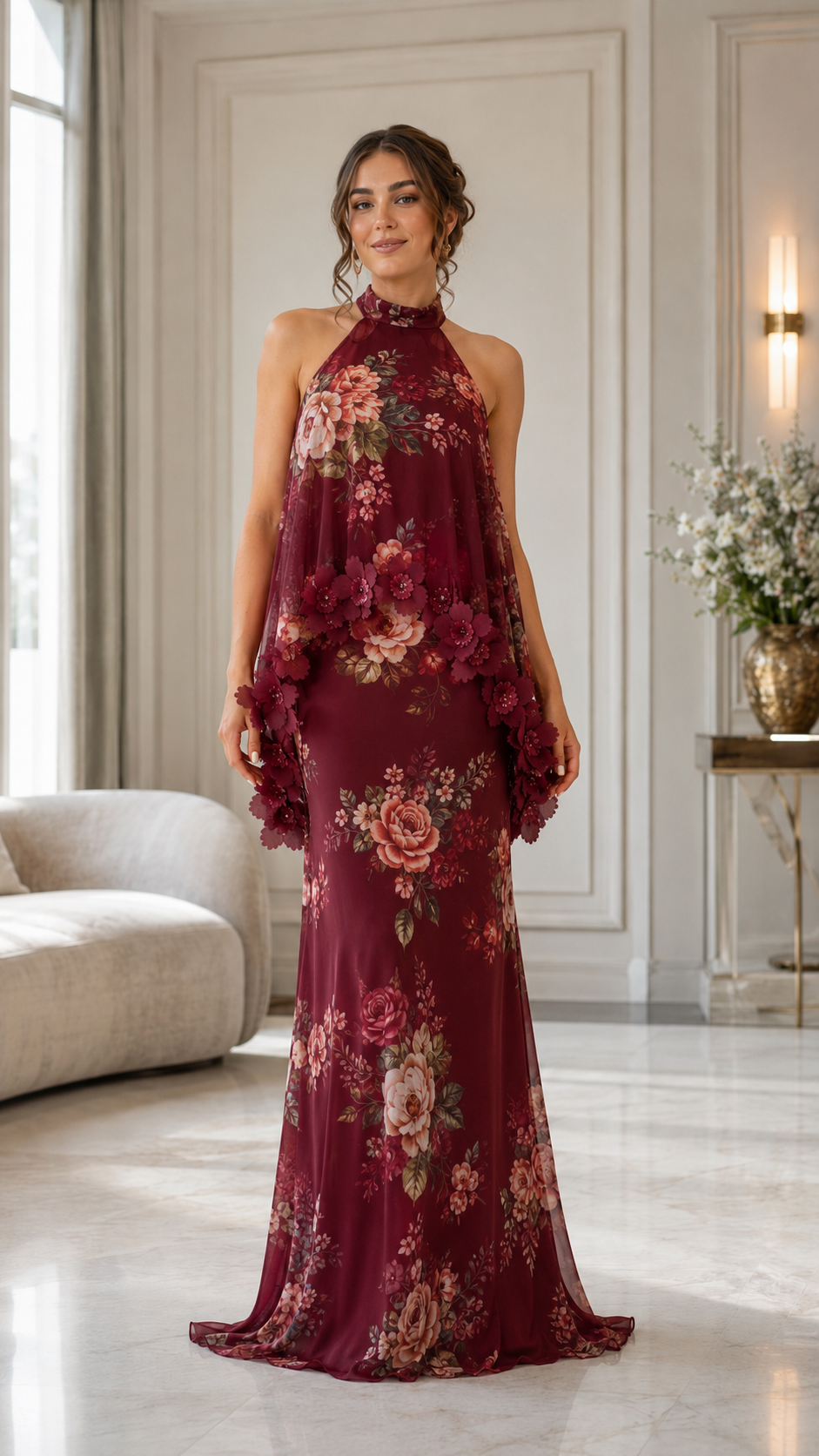 Front view of burgundy floral halter maxi dress with romantic printed design and draped sides