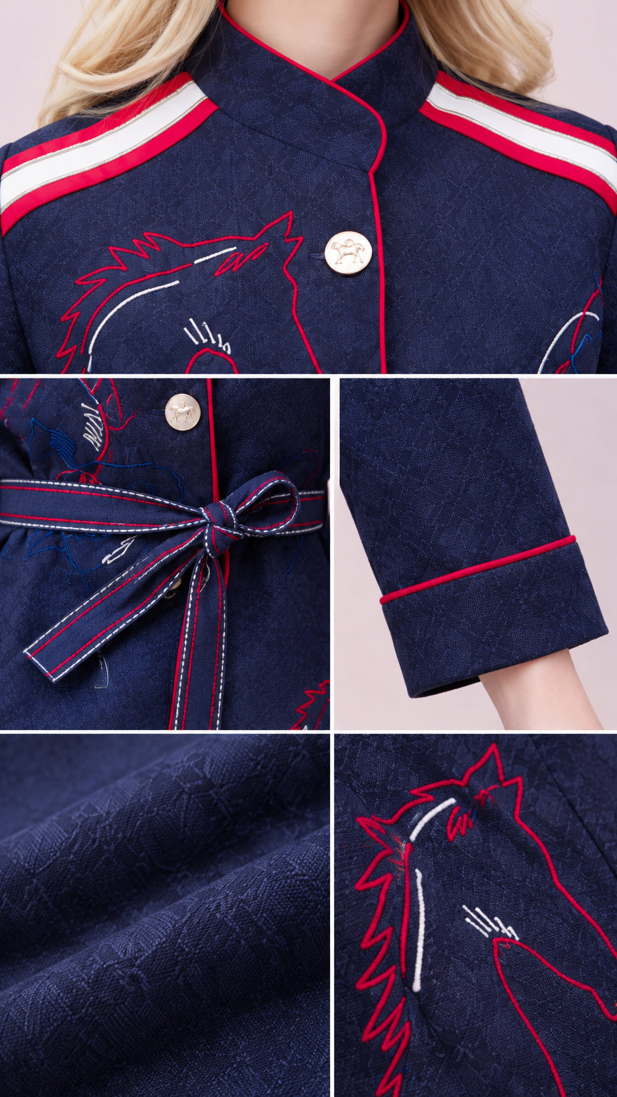 Close-up details of embroidery, buttons, belt tie, and fabric texture
