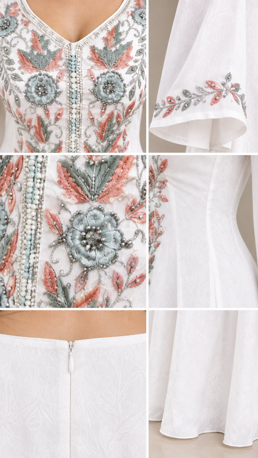 Close-up details of intricate floral embroidery, beaded cuffs, and zipper