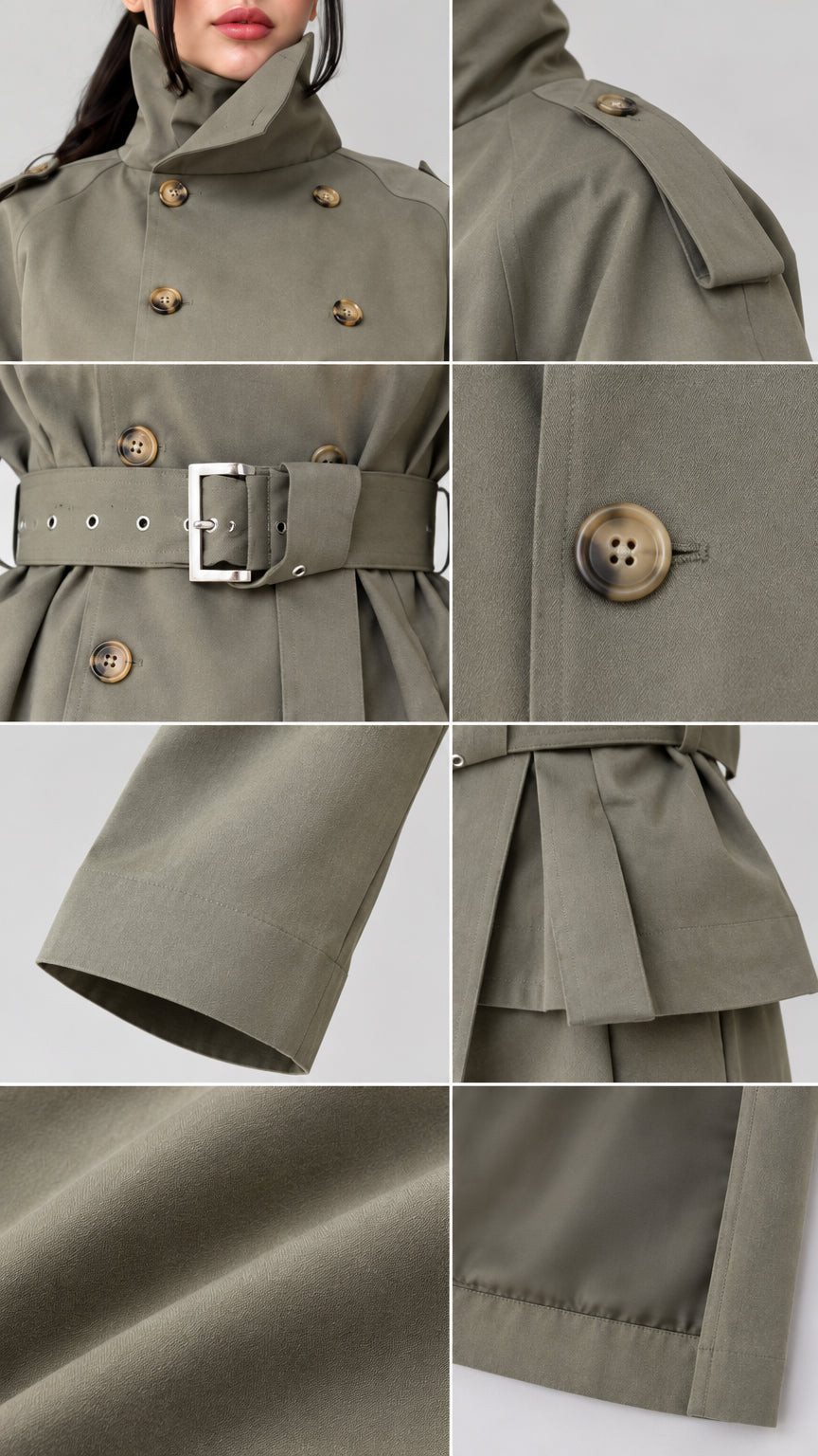 Close-up details of collar, shoulder epaulets, buckle belt, buttons, and fabric hem