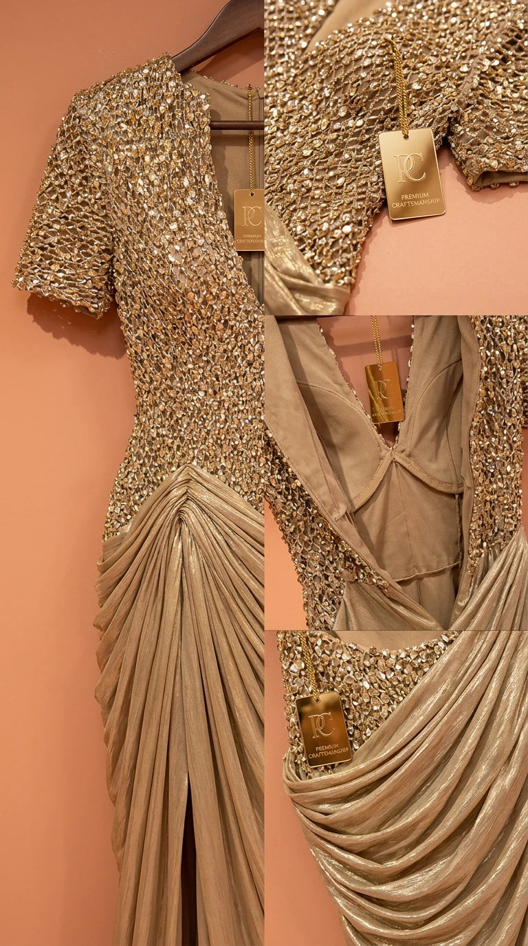 Close-up details of gold sequin bodice, inner lining, and draped fabric texture