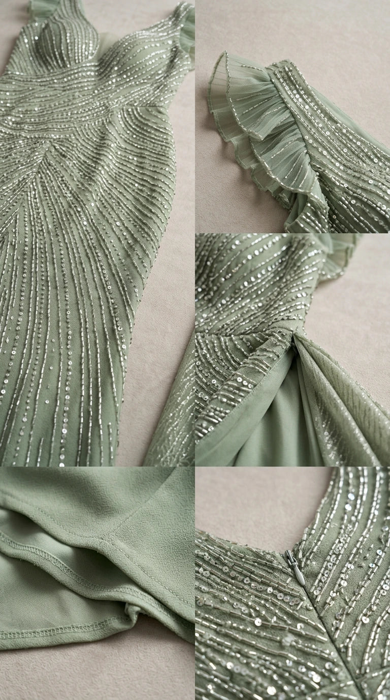 Close-up details of sage green sequin embroidery, ruffle sleeve, side slit, and lining