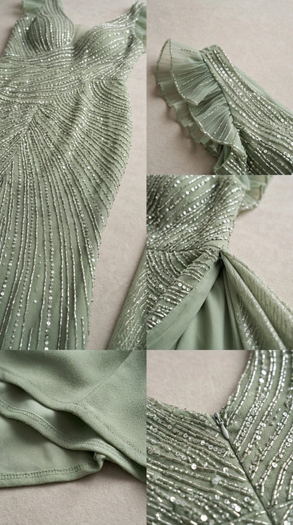 Close-up details of sage green sequin embroidery, ruffle sleeve, side slit, and lining