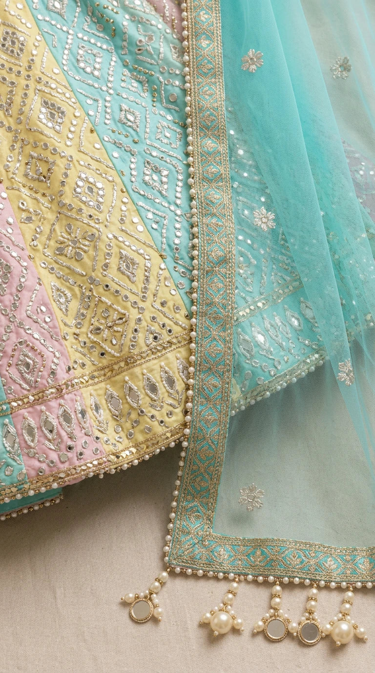 Close-up detail of sequin embroidery, panel stitching, and tassel trims on lehenga hem and dupatta