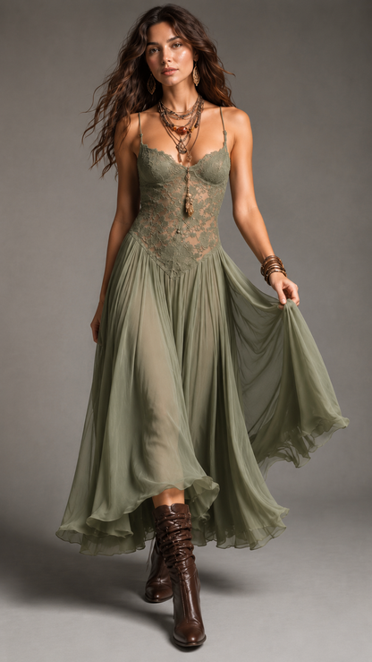 Front view of sage green lace bodice maxi dress with spaghetti straps