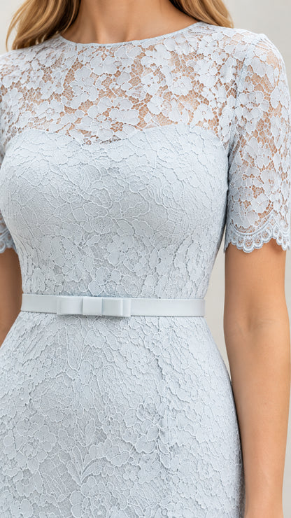 Close-up of sheer lace illusion neckline and belted waist in light blue