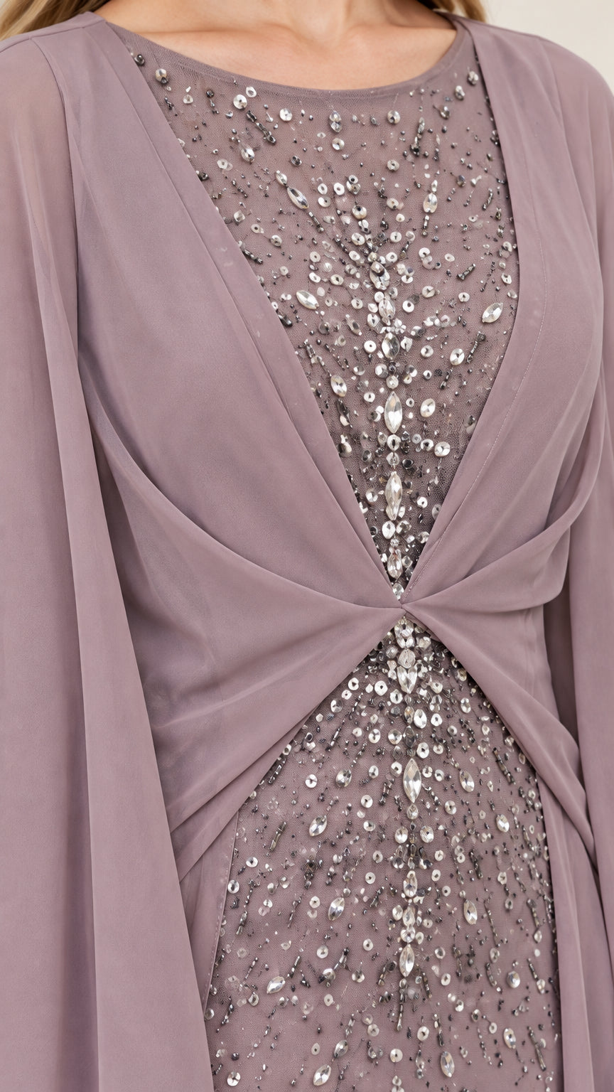Close-up detail of sparkling sequin beadwork and twist-front bodice