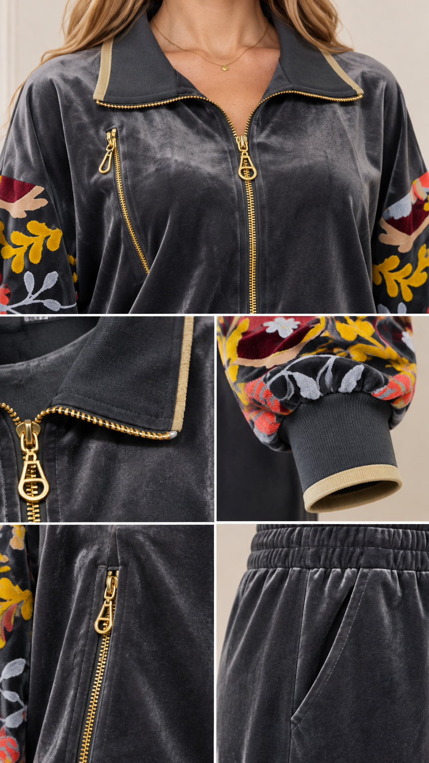 Close-up details of gold zipper, ribbed cuffs, floral embroidery, and pocket on velvet set