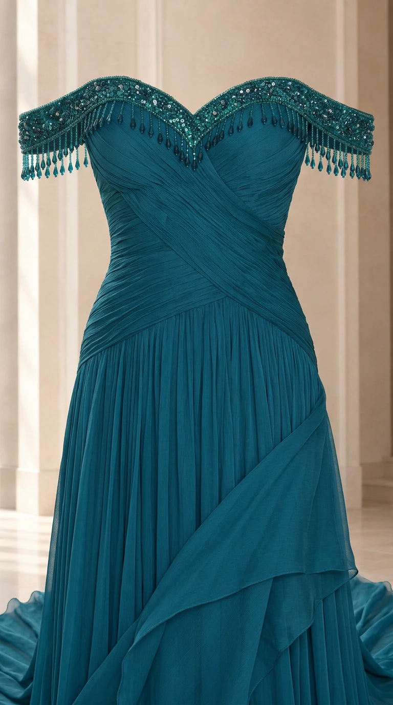 Close-up detail of beaded fringe neckline and ruched bodice on peacock blue gown