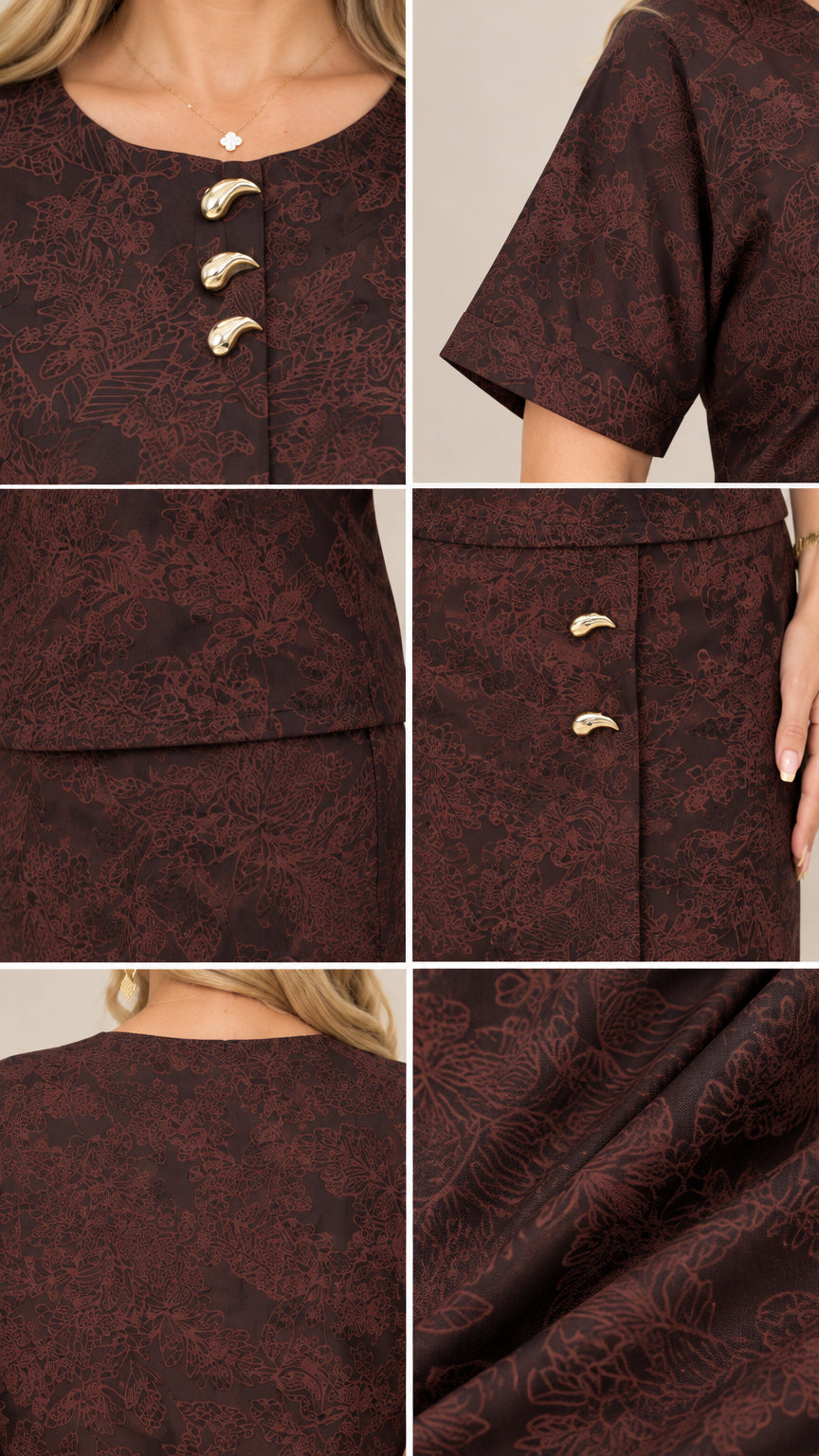 Close-up details of gold-tone hardware, round neckline, and jacquard fabric texture