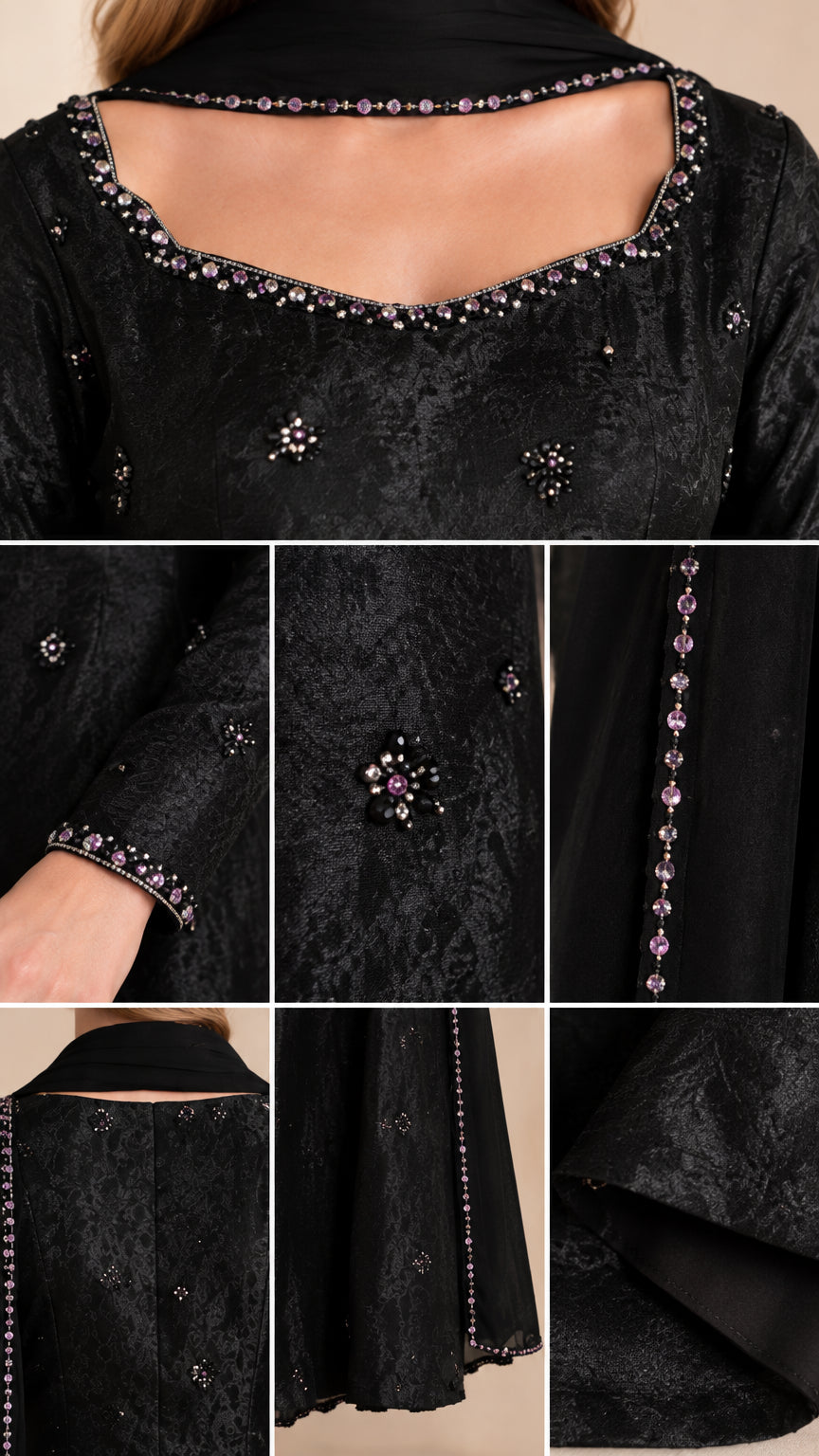 Close-up details of crystal beaded scoop neckline, sleeve cuffs, and jacquard fabric texture