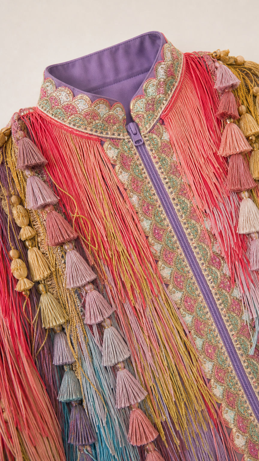 Close-up detail of embroidered stand collar and layered fringe with tassels