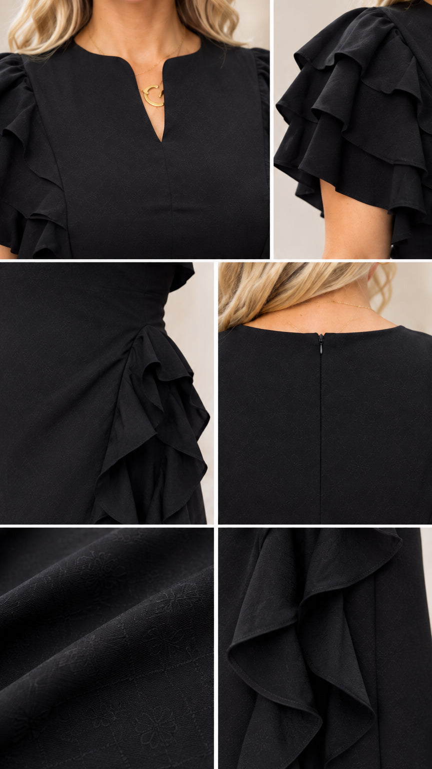 Close-up details of neckline, flutter sleeves, cascade ruffles, and fabric texture