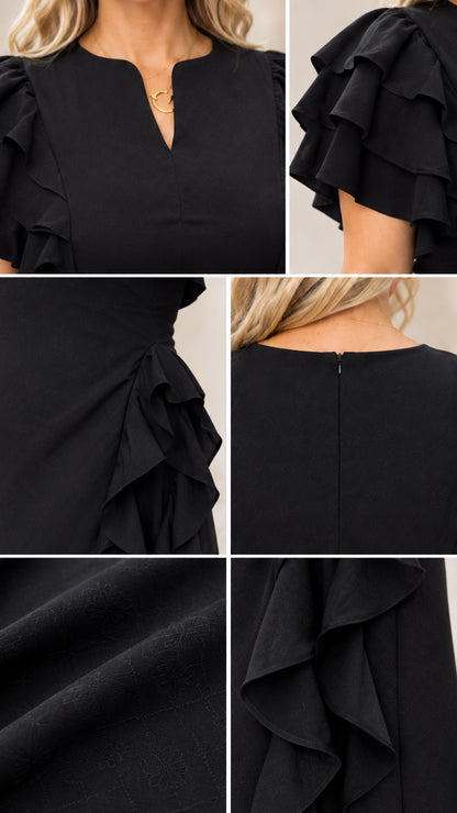 Close-up details of neckline, flutter sleeves, cascade ruffles, and fabric texture