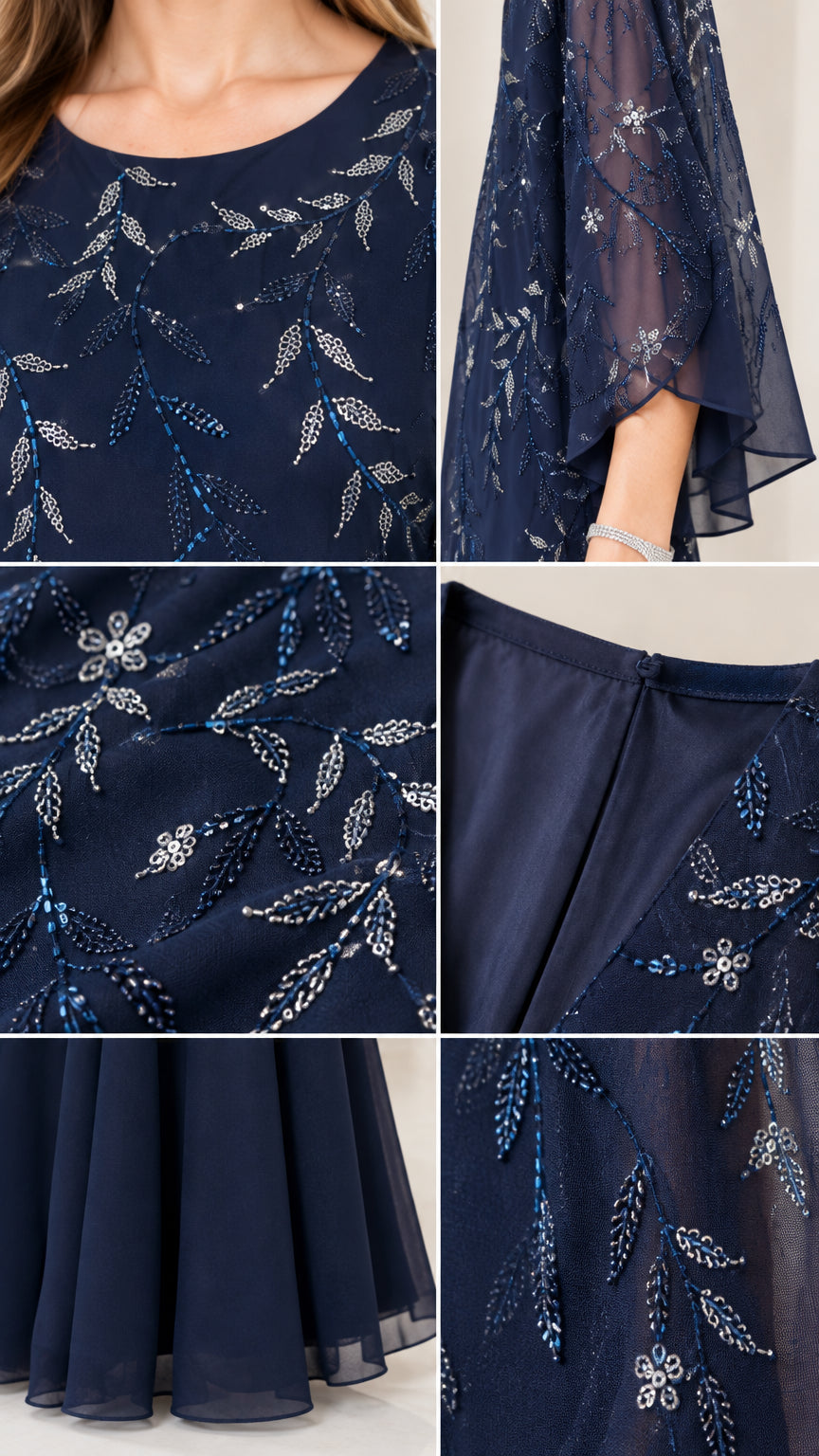 Close-up details of sequin leaf embroidery, sheer flutter sleeve, and chiffon fabric