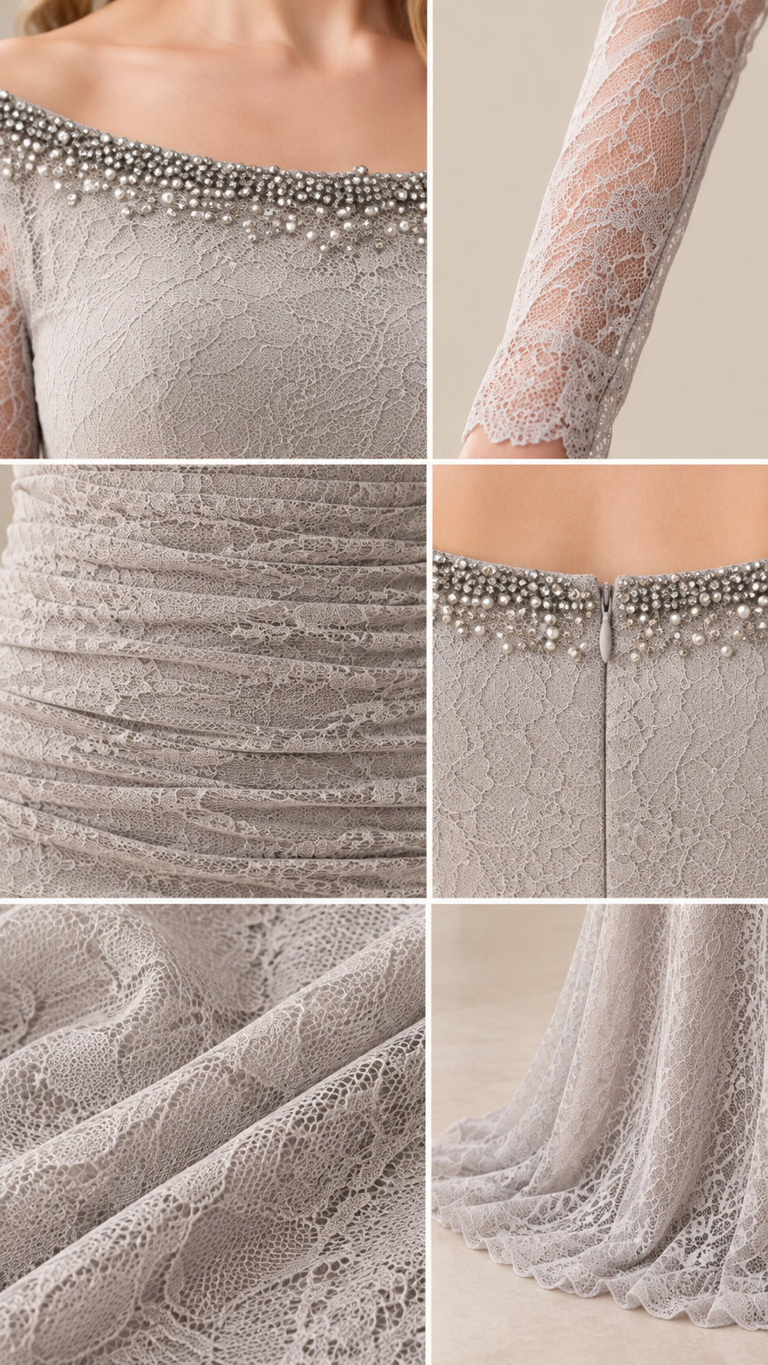 Close-up details of pearl beadwork, sheer lace sleeve, ruched texture, and hemline