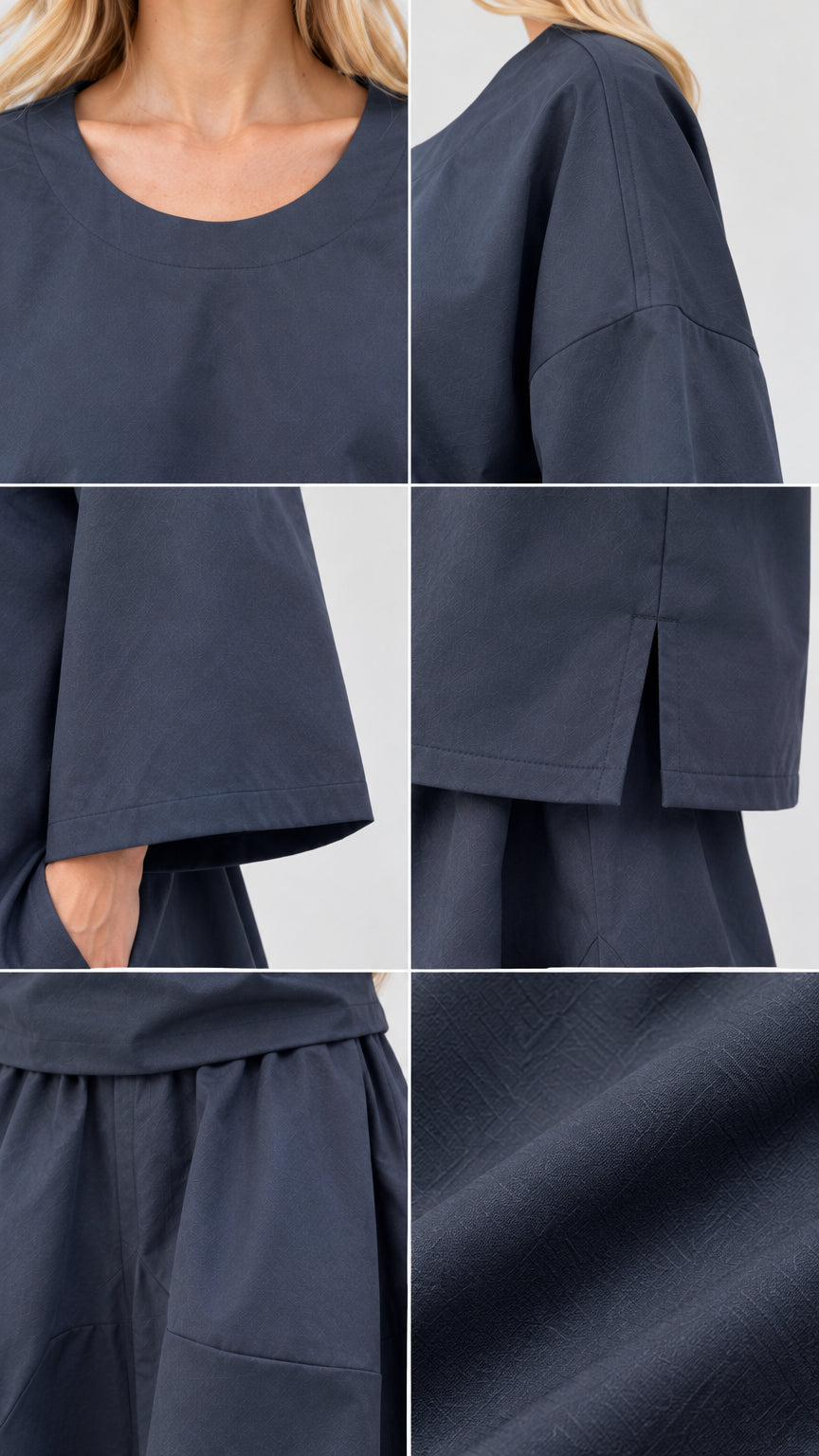 Close-up detail shots showing neckline, sleeve cuff, side slit, waistband, and fabric texture