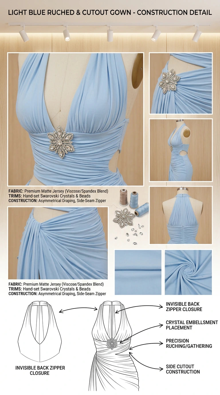 Construction and detail schematic showing draping and crystal brooch placements on Light Blue gown