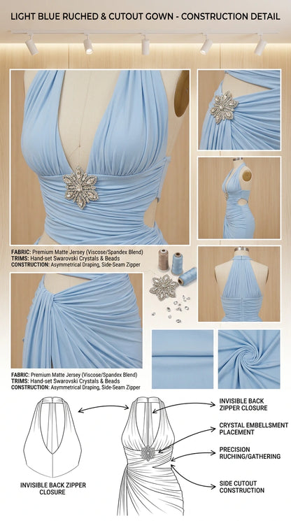 Construction and detail schematic showing draping and crystal brooch placements on Light Blue gown
