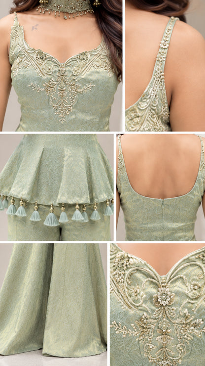 Close-up details of sage green top embroidery, back neckline, tassel trim, and pant flare