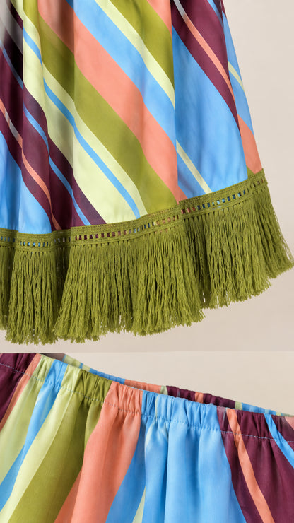 Close-up details of striped fabric, lace trim, long fringe hem, and elasticized bandeau top
