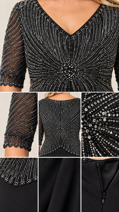 Close-up details of beaded starburst pattern, scalloped half sleeve cuffs, and zipper