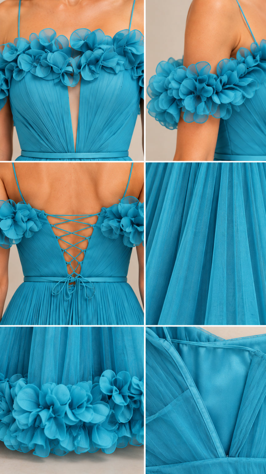 Close-up details of 3D floral petals, pleated bodice, lace-up back, and smooth interior lining