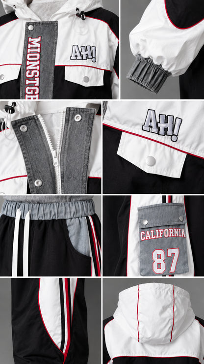 Close-up details of jacket zipper, cargo pocket graphic, hood, and elastic cuffs