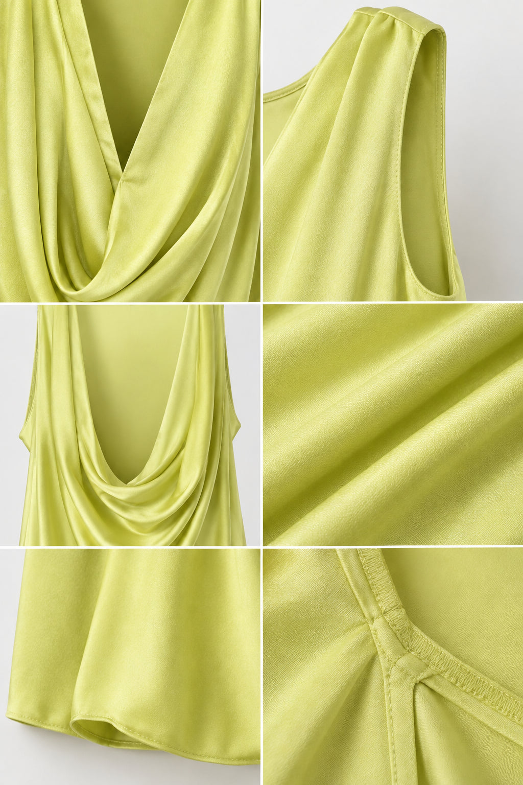 Close-up detail shots of fabric sheen, neckline drape, and seam stitching