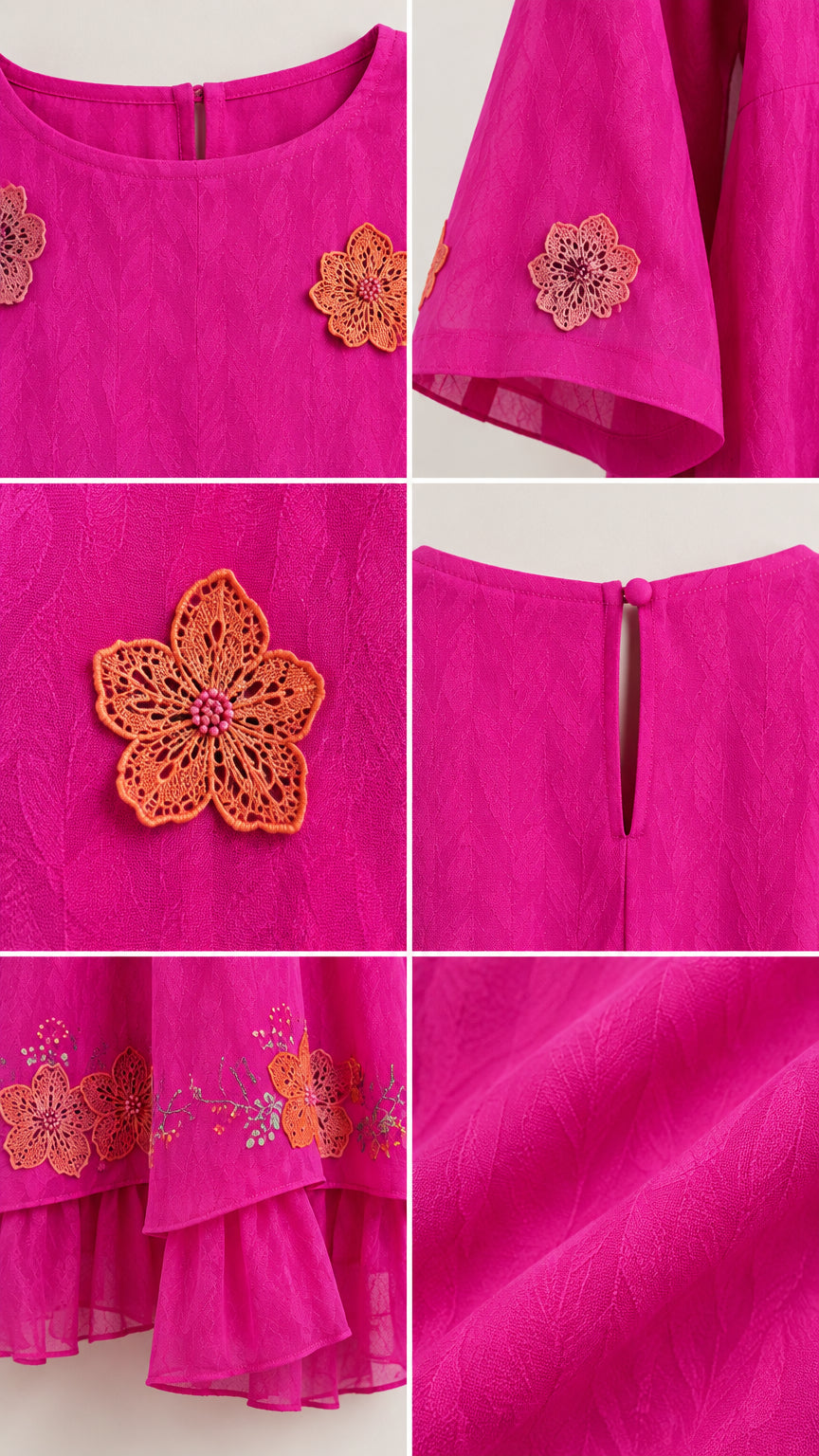 Detailed close-ups of floral embroidery, back keyhole closure, and tiered hem
