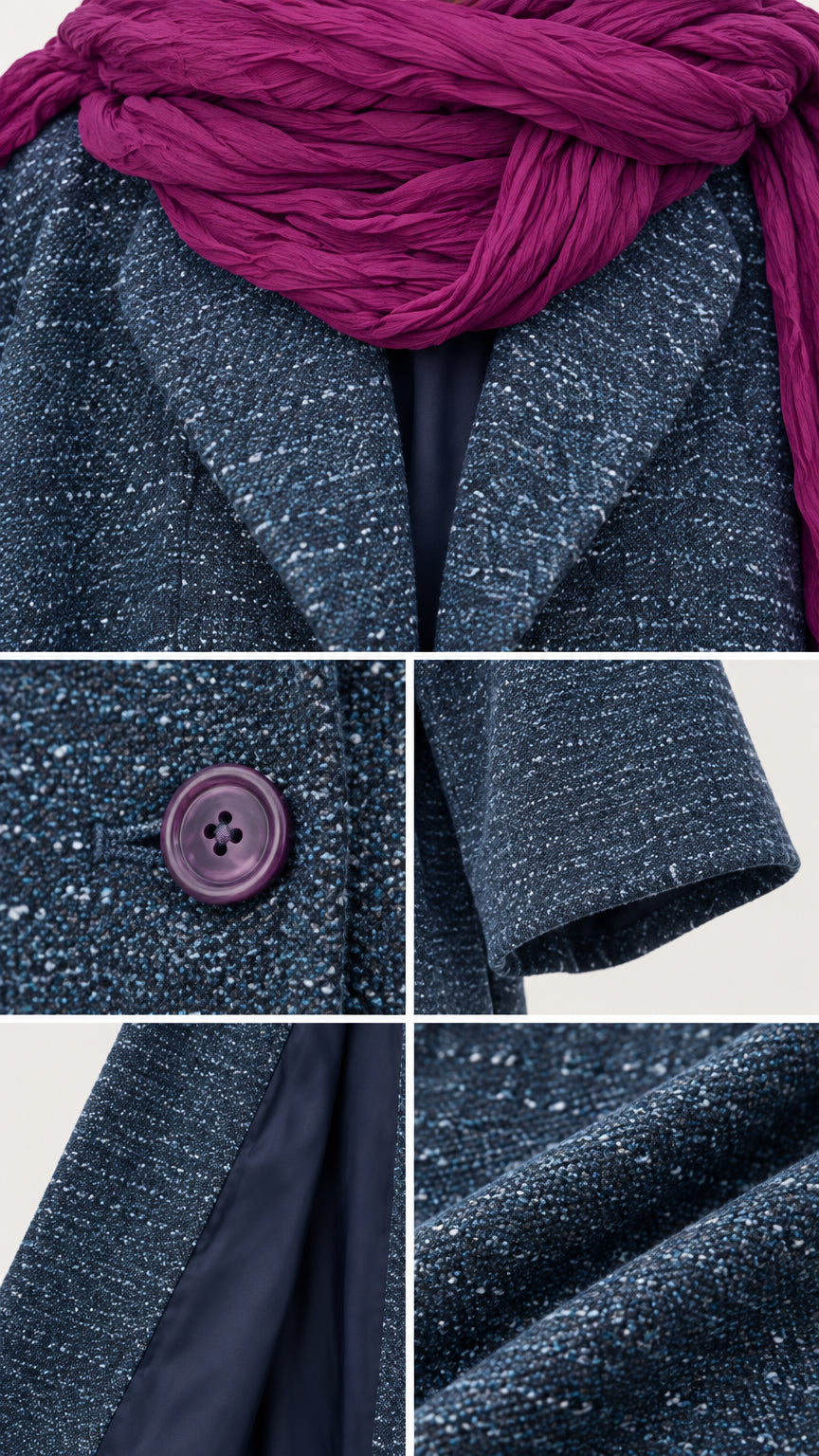 Close-up detail shots of the textured tweed weave, lapel collar, dyed-to-match buttons, and smooth lining