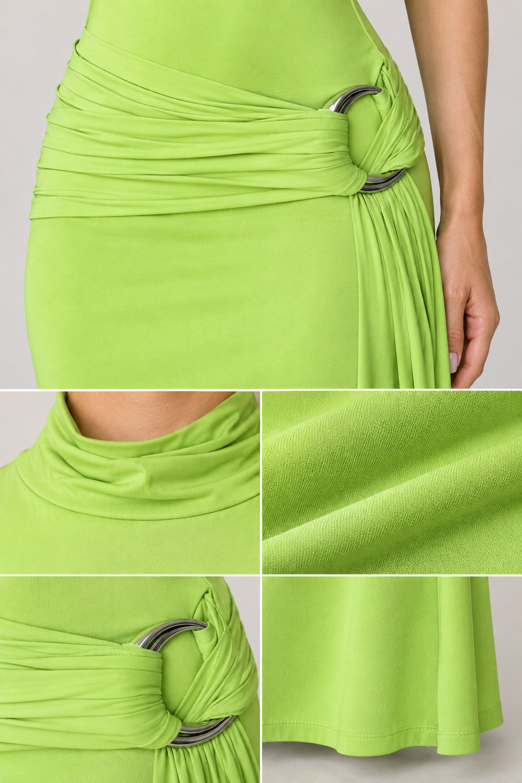 Close-up details of ruched waist, ring hardware, cowl neckline, and fabric texture on lime green maxi dress