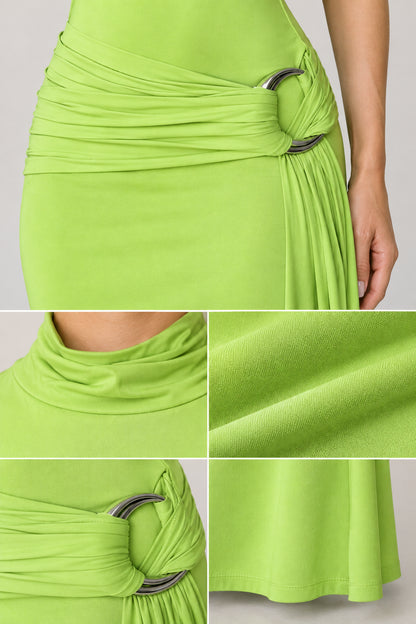 Close-up details of ruched waist, ring hardware, cowl neckline, and fabric texture on lime green maxi dress