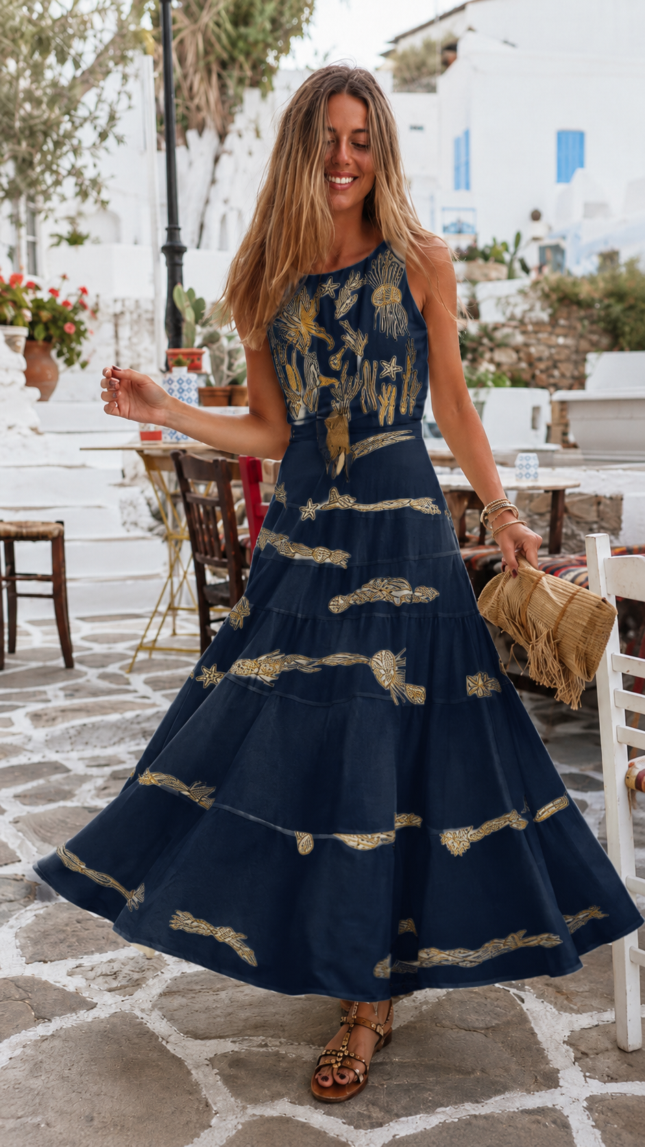 Front view of navy sleeveless embroidered tiered maxi dress with tiered hem