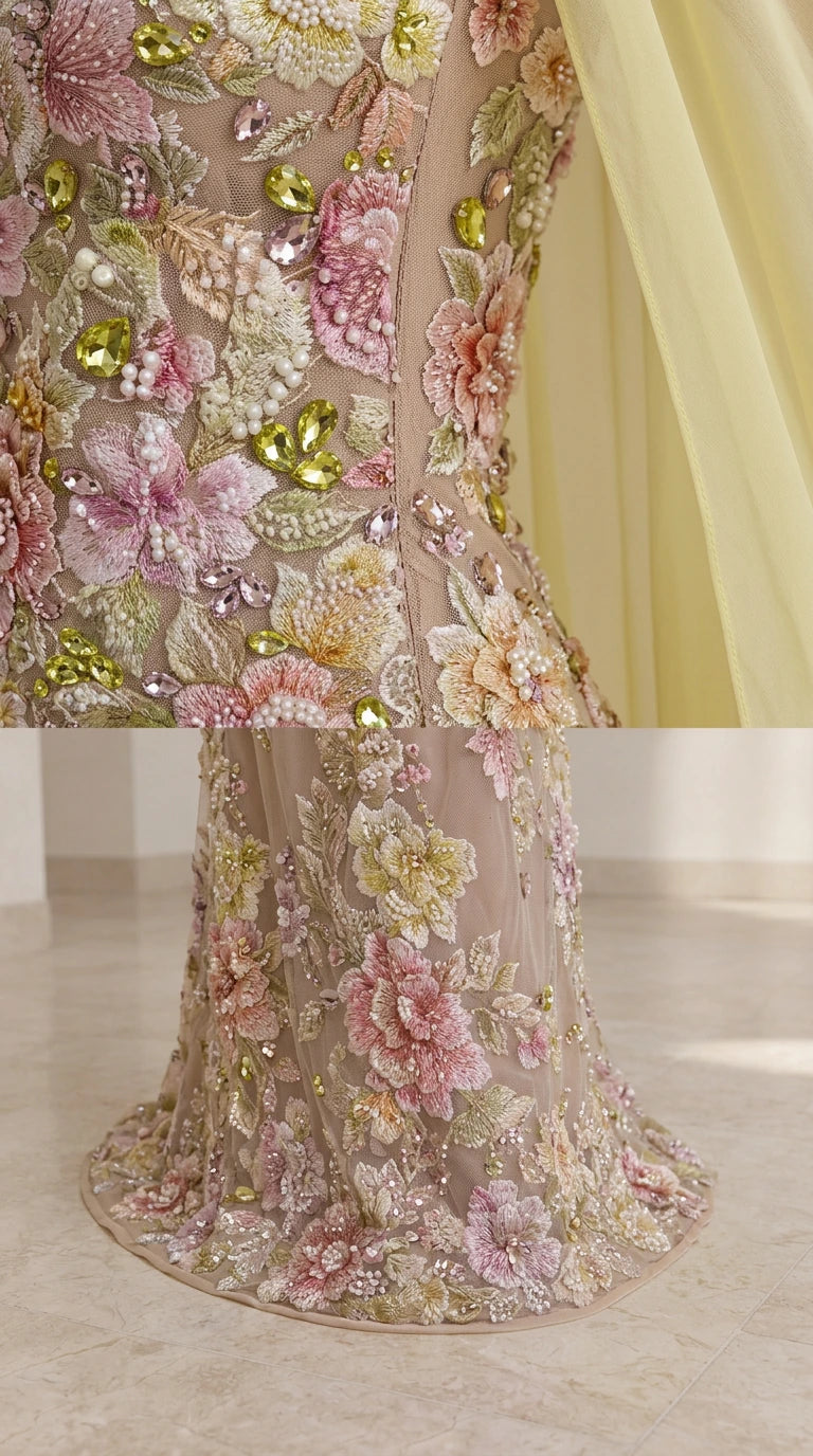 Close-up detail of 3D embroidered floral lace with sparkling sequins and beads