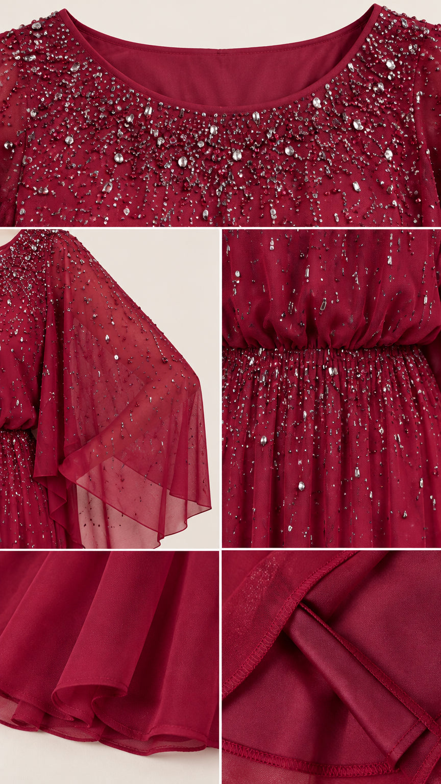 Close up details of beading, sheer cape sleeves, and hem on burgundy dress