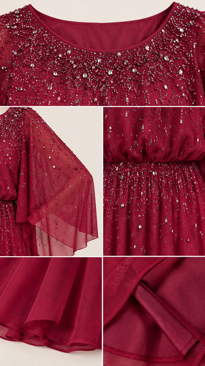 Close up details of beading, sheer cape sleeves, and hem on burgundy dress