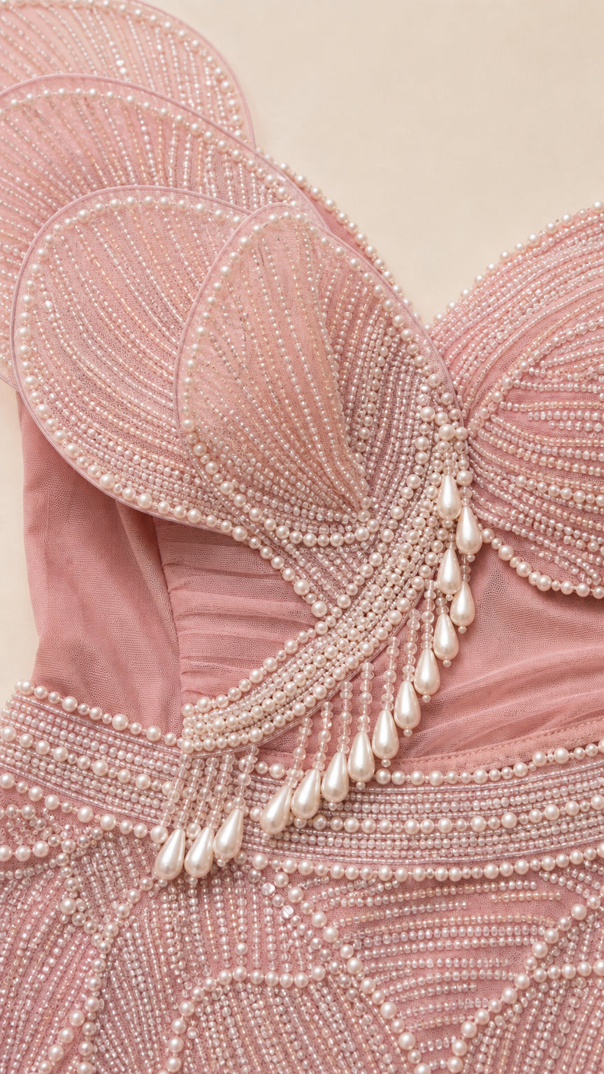 Close-up detail of dense faux pearl embroidery and hanging pearl fringe on bodice