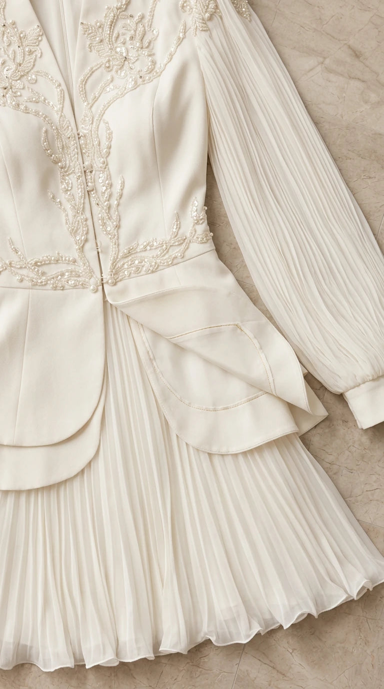 Close-up detail of embroidered beaded bodice and layered peplum on ivory evening dress