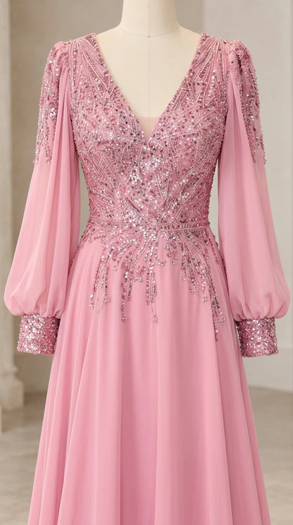 Detailed close-up on mannequin showing sequin bodice, V-neckline, and embellished cuffs