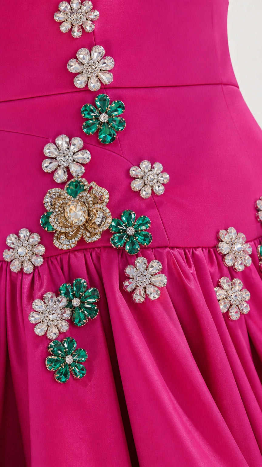 Close-up detail of multi-color crystal and gem floral embellishments