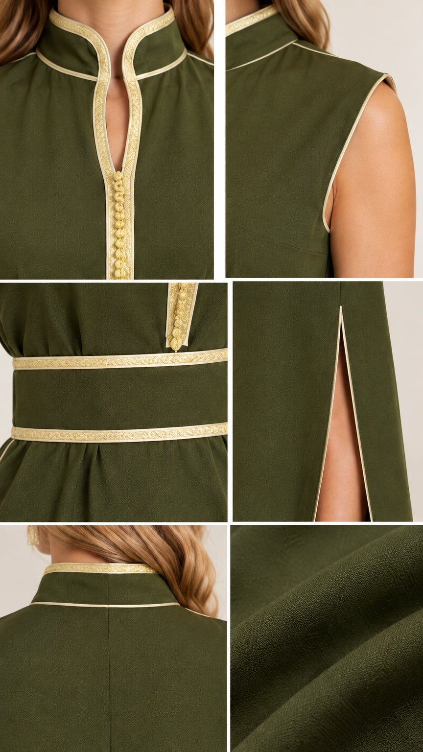 Close-up details of gold braided collar, button placket, waistband, and slit piping