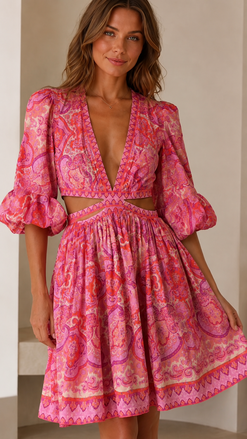 Close-up of pink printed mini dress showing deep V neckline, waist detail, and puff sleeves