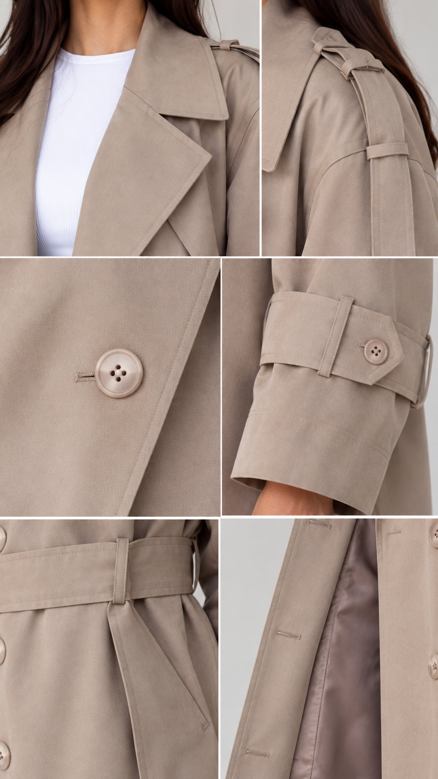 Close-up details of trench coat notch lapel, shoulder tabs, tonal buttons, and cuff strap