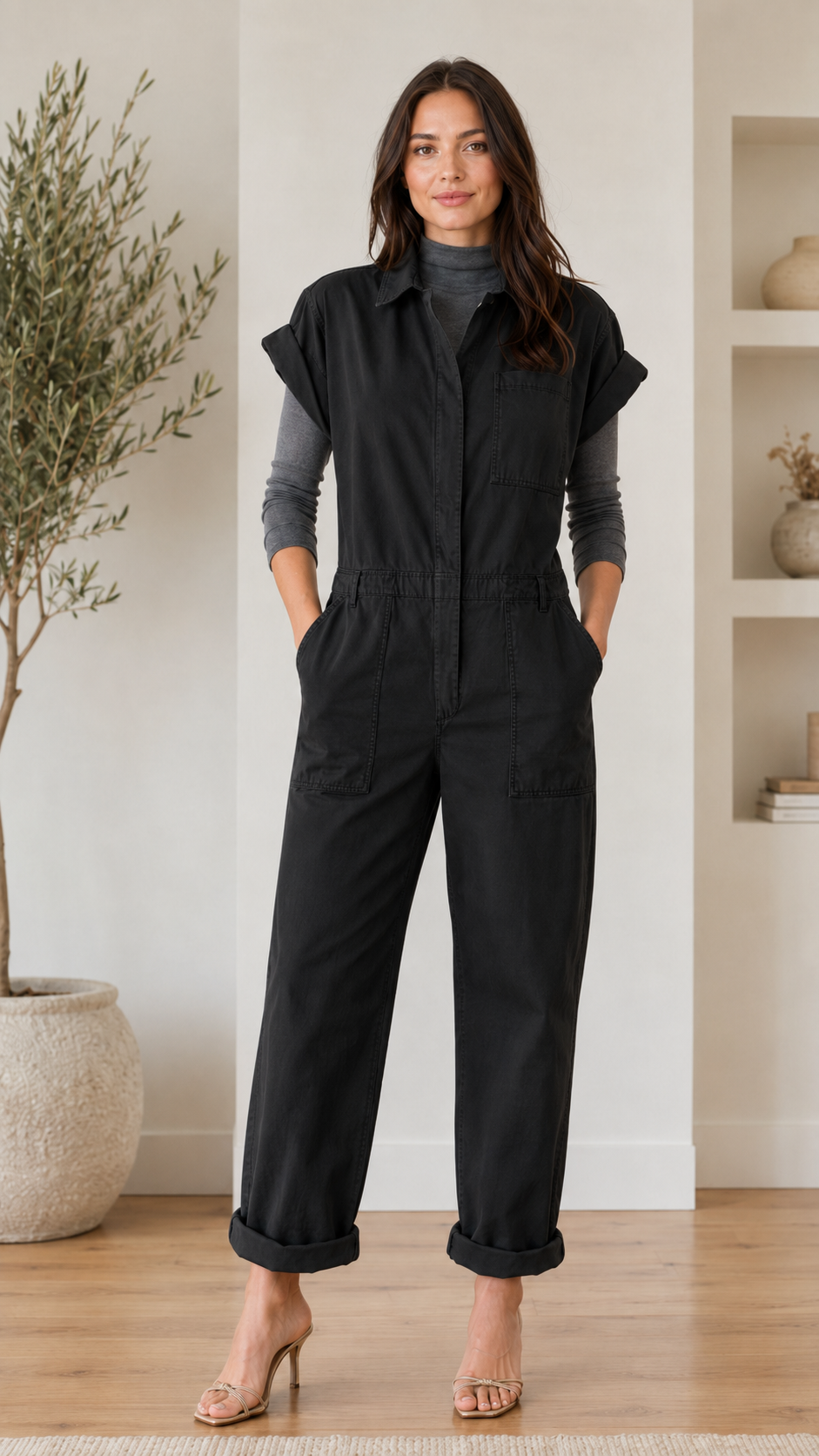 Front view of black utility jumpsuit with rolled sleeves and relaxed straight-leg fit