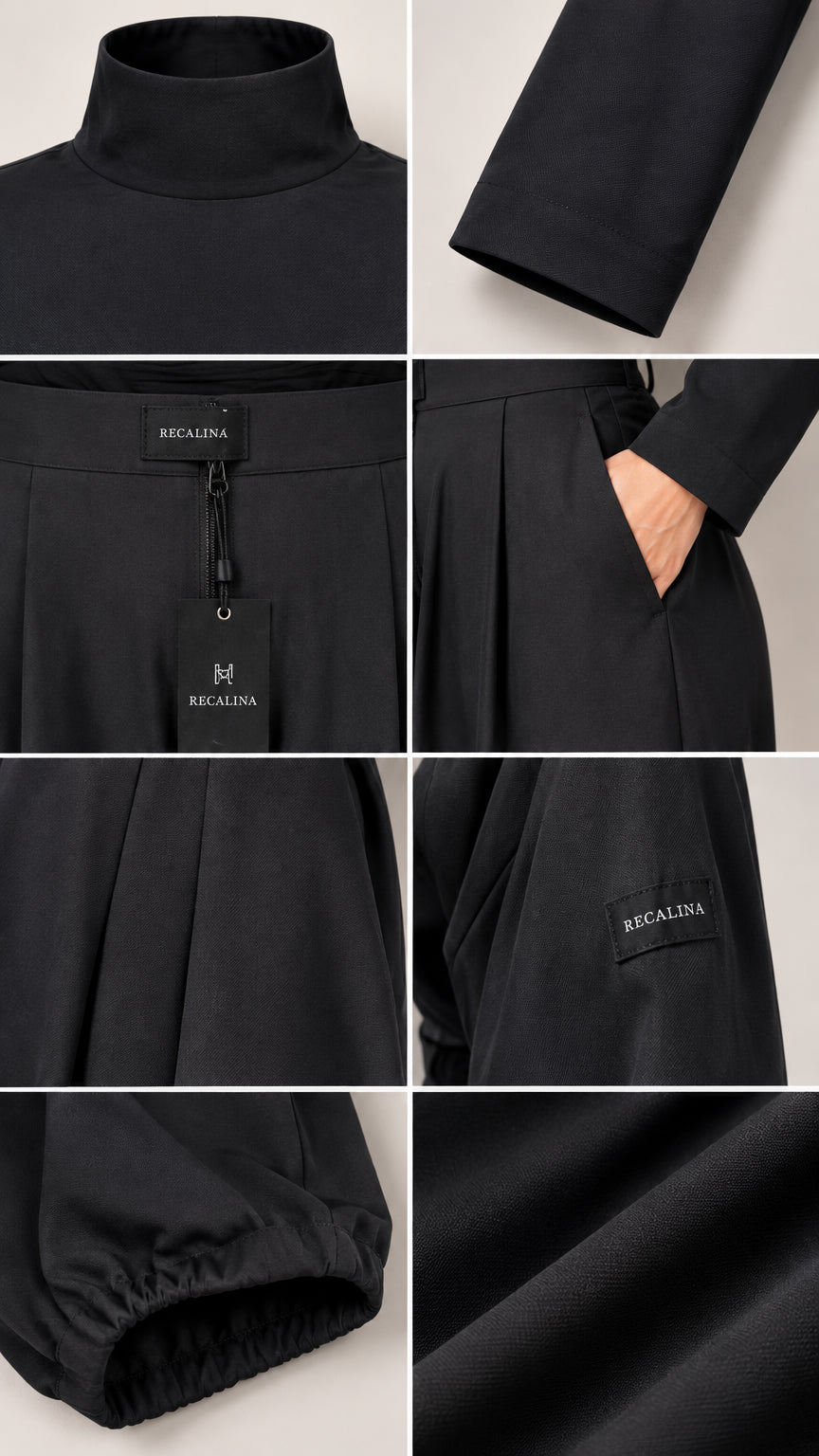 Close-up detail collage showing mock neck collar, waistline pleats, cuff, and fabric texture