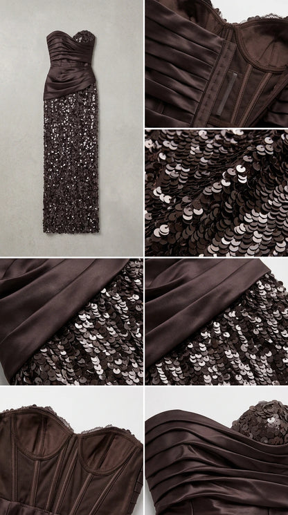 Detailed flat lay and close-ups of bodice boning and sequin embellishments