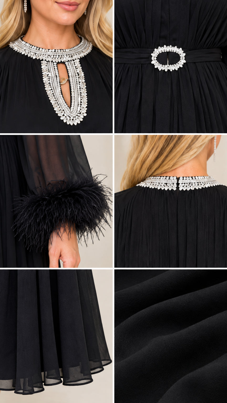 Close-up details of rhinestone neckline, crystal buckle, feather cuffs, and chiffon fabric