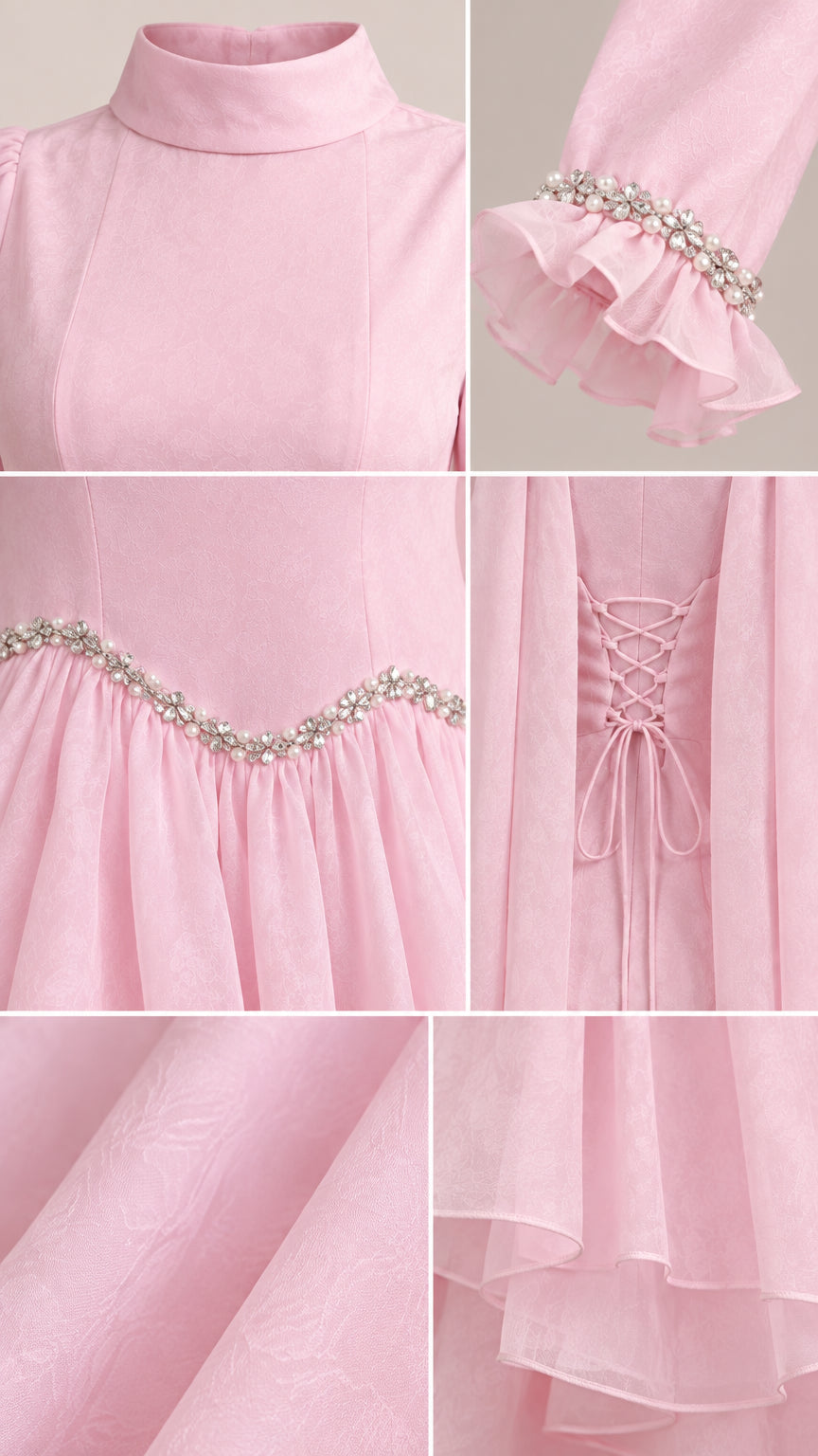 Close-up details of collar, rhinestone ruffled cuff, drop waist trim, corset back, and pleated hem