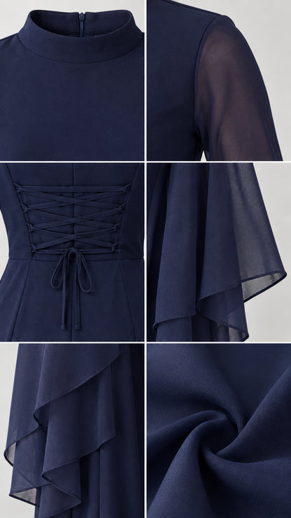 Close-up details of navy blue neckline, sheer sleeve fabric, and lace-up back construction